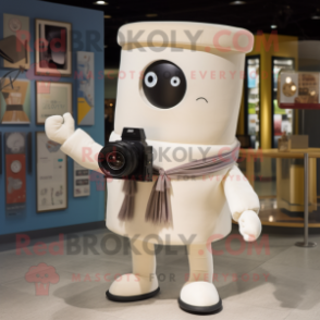 Cream Camera mascot costume character dressed with a Blazer and Scarf clips