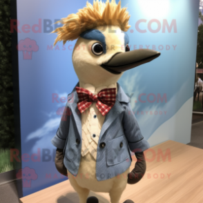 Cream Woodpecker mascot costume character dressed with a Chambray Shirt and Bow ties