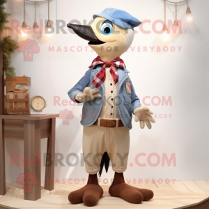 Cream Woodpecker mascot costume character dressed with a Chambray Shirt and Bow ties