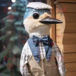 Cream Woodpecker mascot costume character dressed with a Chambray Shirt and Bow ties