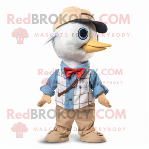 Cream Woodpecker mascot costume character dressed with a Chambray Shirt and Bow ties
