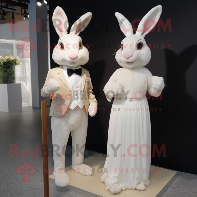 Beige Rabbit mascot costume character dressed with a Wedding Dress and Cufflinks