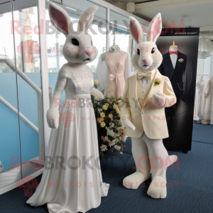 Beige Rabbit mascot costume character dressed with a Wedding Dress and Cufflinks