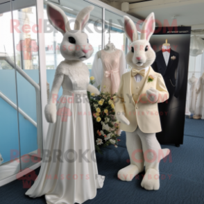 Beige Rabbit mascot costume character dressed with a Wedding Dress and Cufflinks