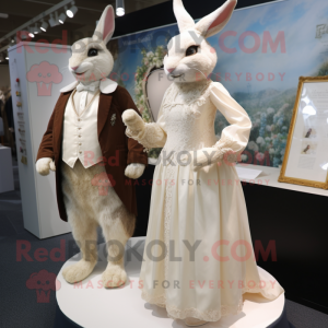 Beige Rabbit mascot costume character dressed with a Wedding Dress and Cufflinks