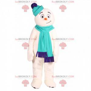 Mascotte de bonhomme de neige avec une écharpe bleu. -