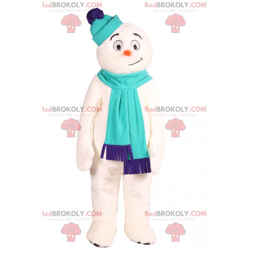 Sneeuwman mascotte met een blauwe sjaal. - Redbrokoly.com
