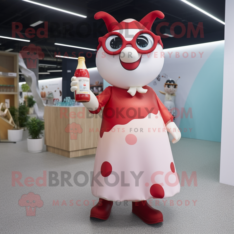 Red Bottle Of Milk mascot costume character dressed with a Midi Dress and Eyeglasses