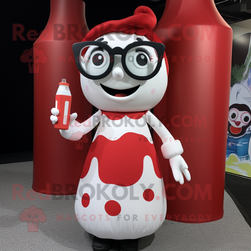 Red Bottle Of Milk mascot costume character dressed with a Midi Dress and Eyeglasses