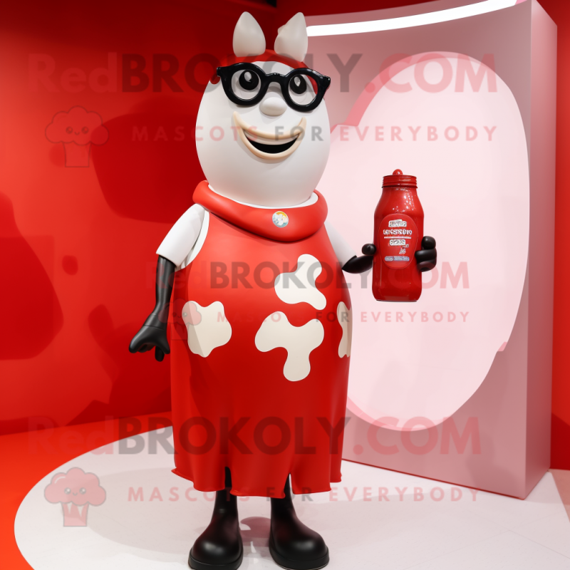 Red Bottle Of Milk mascot costume character dressed with a Midi Dress and Eyeglasses