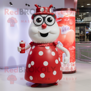 Red Bottle Of Milk mascot costume character dressed with a Midi Dress and Eyeglasses