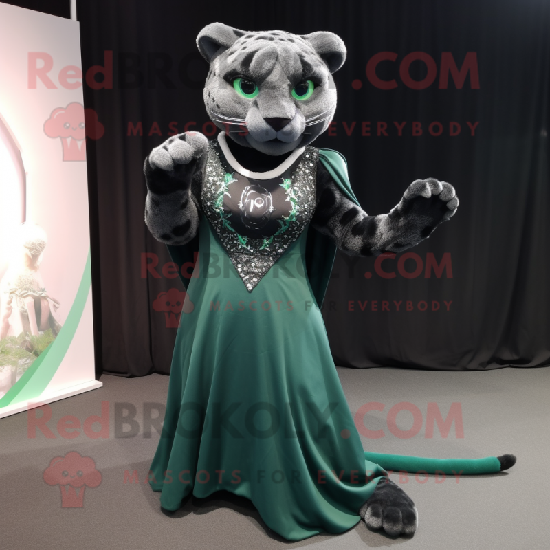 Forest Green Panther mascot costume character dressed with a Ball Gown and Bracelets