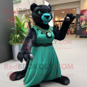 Forest Green Panther mascot costume character dressed with a Ball Gown and Bracelets