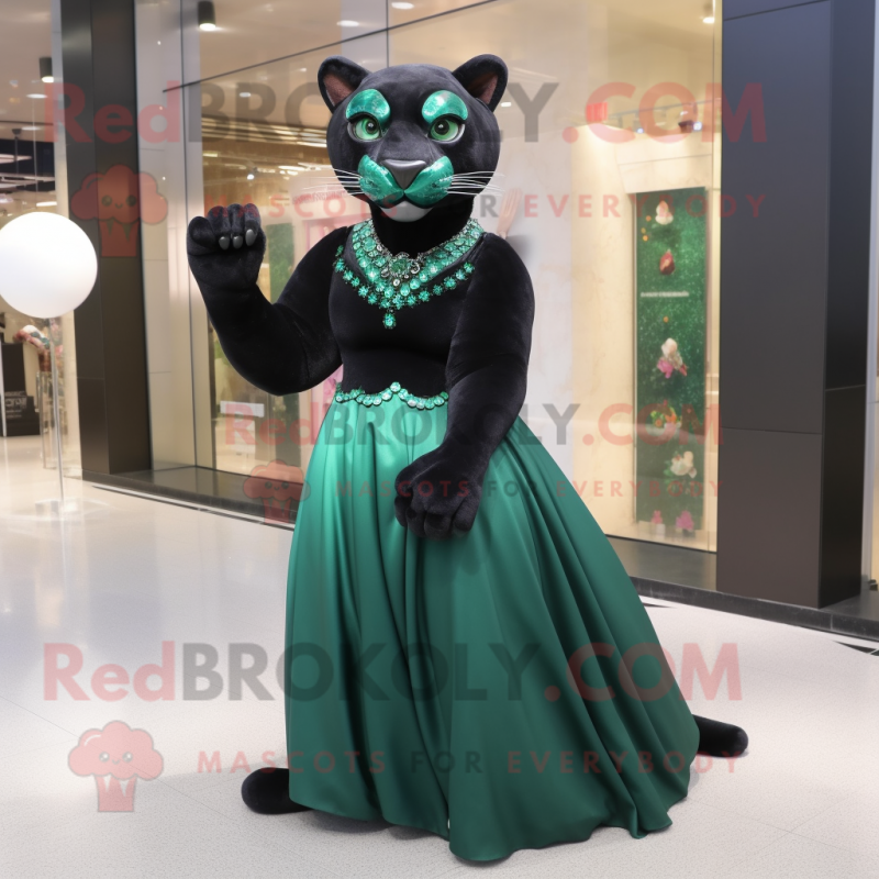 Forest Green Panther mascot costume character dressed with a Ball Gown and Bracelets Forest Green Panther mascot costume character dressed with a Ball Gown and Bracelets