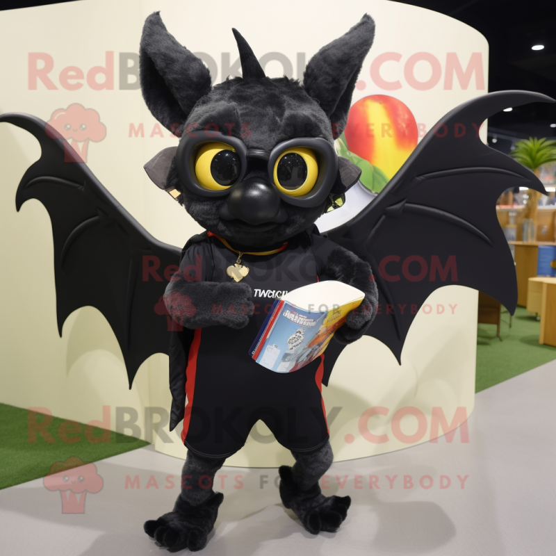 Black Fruit Bat mascot costume character dressed with a Running Shorts and Reading glasses