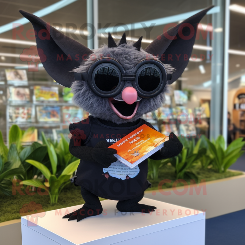 Black Fruit Bat mascot costume character dressed with a Running Shorts and Reading glasses Black Fruit Bat mascot costume character dressed with a Running Shorts and Reading glasses
