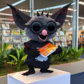 Black Fruit Bat mascot costume character dressed with a Running Shorts and Reading glasses