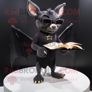 Black Fruit Bat mascot costume character dressed with a Running Shorts and Reading glasses