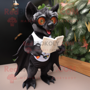 Black Fruit Bat mascot costume character dressed with a Running Shorts and Reading glasses