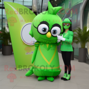 Lime Green Arrow Of Love mascot costume character dressed with a Dress and Watches
