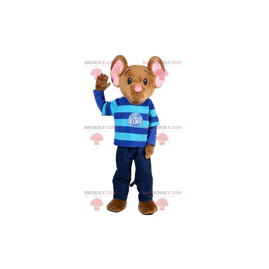 Mascotte del mouse marrone in jeans e maglione a righe. -