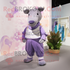Lavender Tapir mascot costume character dressed with a Romper and Shoe clips