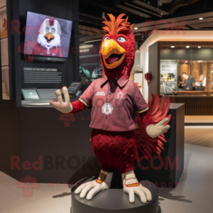 Maroon Rooster mascot costume character dressed with a Graphic Tee and Rings