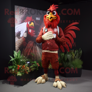 Maroon Rooster mascot costume character dressed with a Graphic Tee and Rings