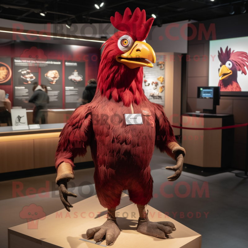 Maroon Rooster mascot costume character dressed with a Graphic Tee and Rings