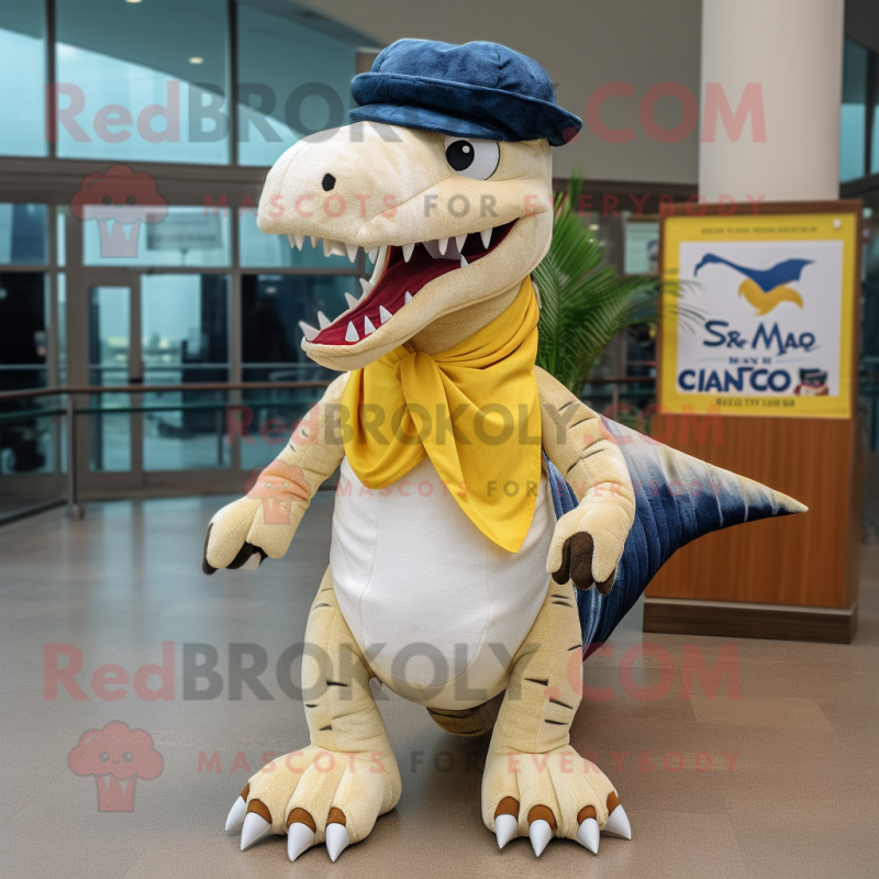 Cream Spinosaurus mascot costume character dressed with a Jeans and Scarves