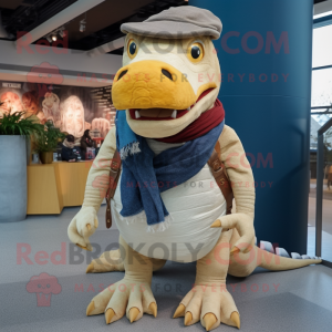 Cream Spinosaurus mascot costume character dressed with a Jeans and Scarves