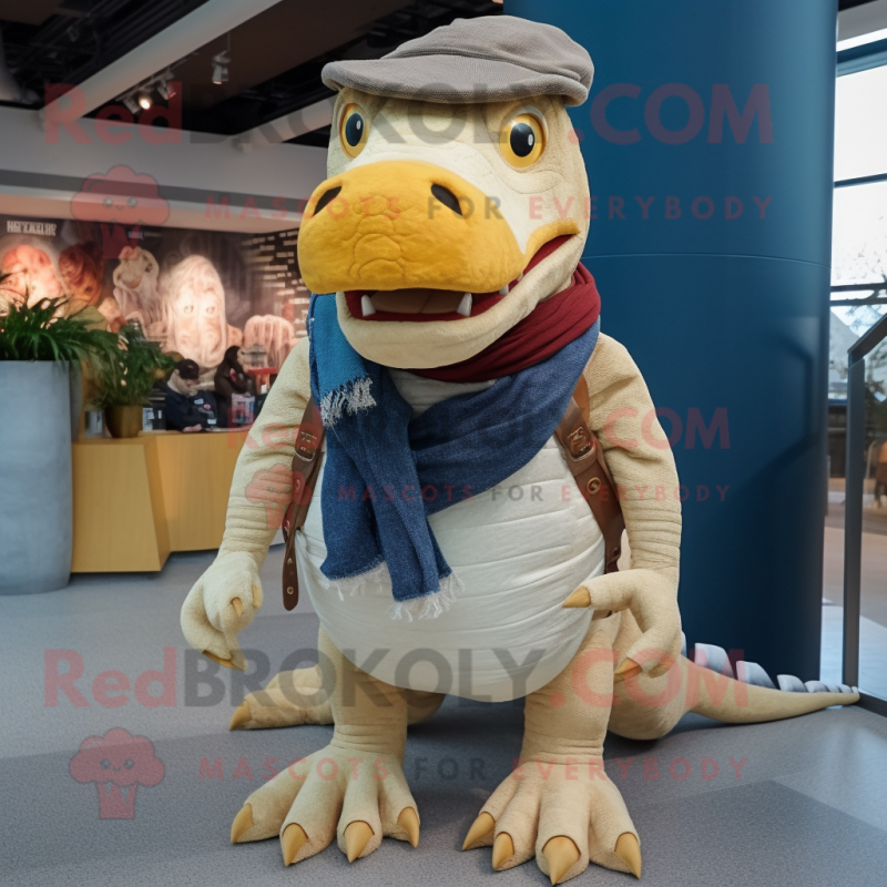 Cream Spinosaurus mascot costume character dressed with a Jeans and Scarves Cream Spinosaurus mascot costume character dressed with a Jeans and Scarves