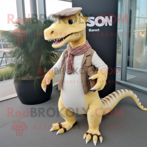 Cream Spinosaurus mascot costume character dressed with a Jeans and Scarves
