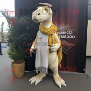 Cream Spinosaurus mascot costume character dressed with a Jeans and Scarves