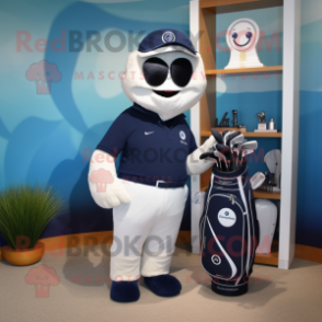 Navy Golf Bag mascot costume character dressed with a One-Piece Swimsuit and Mittens