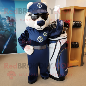 Navy Golf Bag mascot costume character dressed with a One-Piece Swimsuit and Mittens