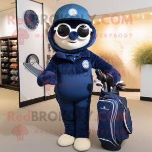 Navy Golf Bag mascot costume character dressed with a One-Piece Swimsuit and Mittens
