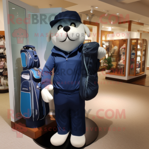 Navy Golf Bag mascot costume character dressed with a One-Piece Swimsuit and Mittens
