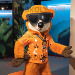 Orange Lemur mascot costume character dressed with a Playsuit and Sunglasses