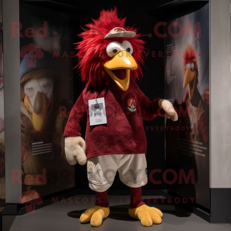 Maroon Rooster mascot costume character dressed with a Shorts and Beanies Maroon Rooster mascot costume character dressed with a Shorts and Beanies