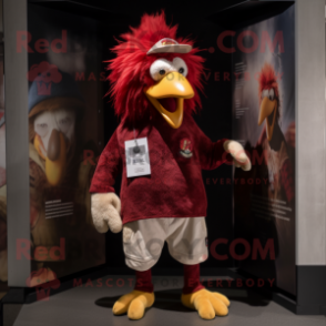 Maroon Rooster mascot costume character dressed with a Shorts and Beanies