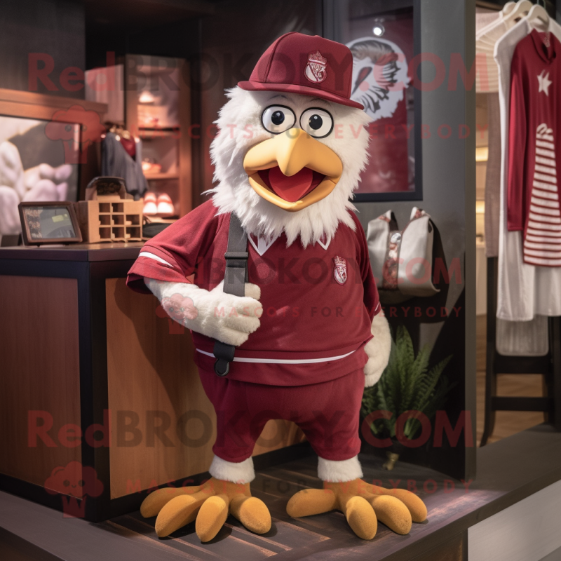 Maroon Rooster mascot costume character dressed with a Shorts and Beanies Maroon Rooster mascot costume character dressed with a Shorts and Beanies