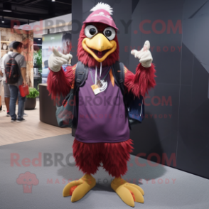 Maroon Rooster mascot costume character dressed with a Shorts and Beanies