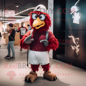 Maroon Rooster mascot costume character dressed with a Shorts and Beanies