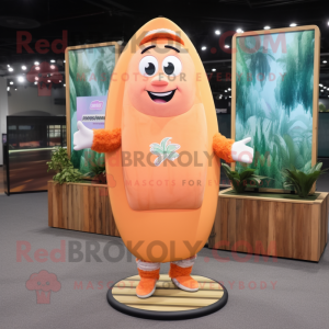 Peach Surfboard mascot costume character dressed with a Sweatshirt and Foot pads