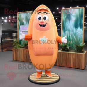 Peach Surfboard mascot costume character dressed with a Sweatshirt and Foot pads