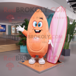 Peach Surfboard mascot costume character dressed with a Sweatshirt and Foot pads
