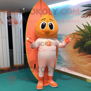 Peach Surfboard mascot costume character dressed with a Sweatshirt and Foot pads