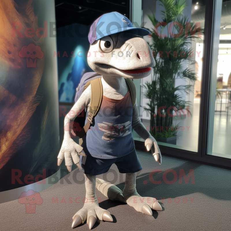 Gray Dimorphodon mascot costume character dressed with a Shorts and Beanies