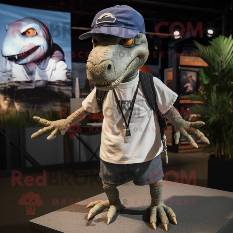 Gray Dimorphodon mascot costume character dressed with a Shorts and Beanies